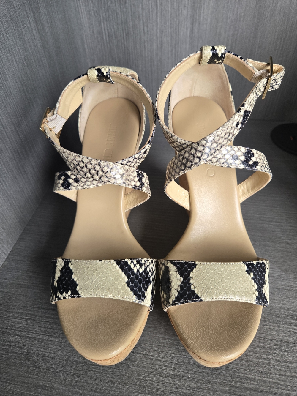Jimmy Choo Snake-Print Cork Wedge Sandals in Black and Cream - Picture 5 of 5